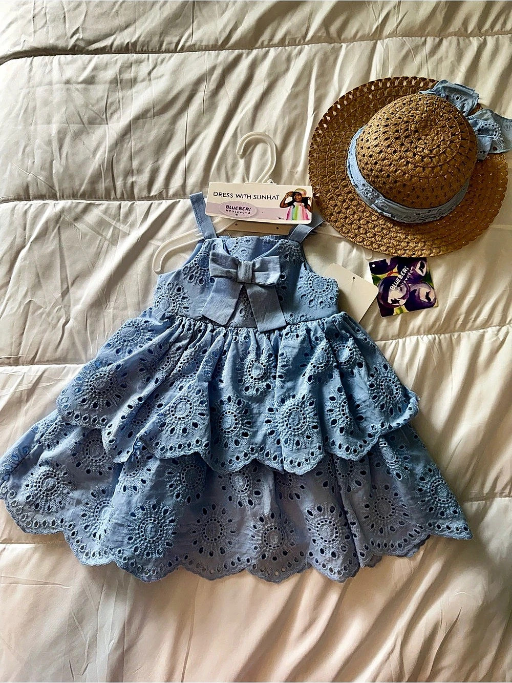 Blueberi Boulevard Eyelet Sundress with Hat Girls Blue NWT
